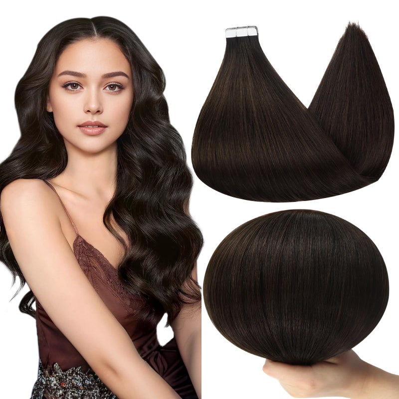 Full Shine Tape in Hair Extensions Real Human Hair 16Inch Color 2 Dark Brown Seamless Hair Extensions Tape in Double Sided Tape Hair Extensions 40Pcs Invisible Skin Weft 100G for Women - Image 1